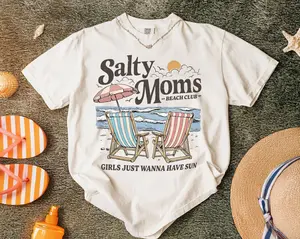 [Sale Up To 40%] Comfort Colors Salty Moms Beach Club Shirt, Retro Summer Mom Tee, Girls Just Wanna Have Sun, Beach Vacation Gift, Coastal Mom Aesthetic Top