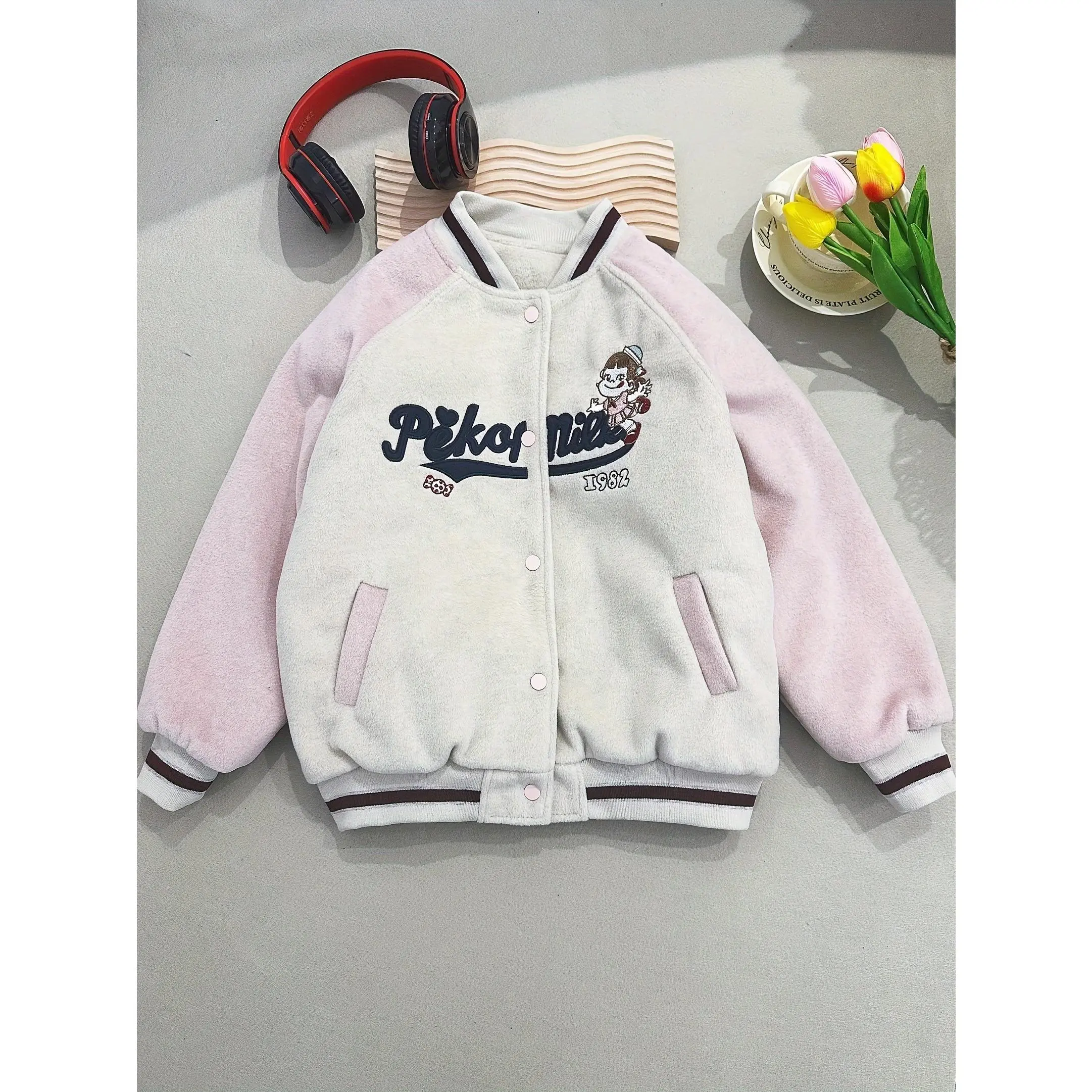 (New) Pekor Mills 1982 Embroidered Fleece-Lined Baseball Jacket for Teens - Blend Knit Fabric, Polyester Lining, Slight Stretch, Sports Style, Regular Fit - Fall/Winter Coats & Outerwear Collection