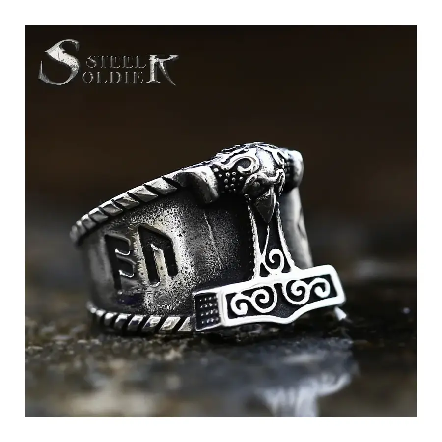 Teel Soldier Son of Odin Thor Hammer Biker Ring Viking Mens Mjolnir Stainless Steel Rune Amulet Rings Norse Jewelry Gift