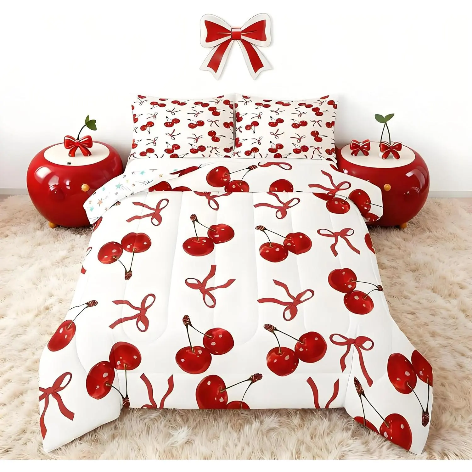 Girls Cherry Bow Comforter Set Cute Bowknot Bedding Set for Kids Boys Girls Princess Bow Tie Comforter