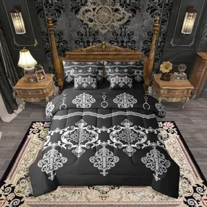 White Black Gothic Damask Comforter Bed Set,7 Pieces Romantic Vintage Baroque Bed Bag,Victorian Paisley Bed Set,Adults Men Women Bedding