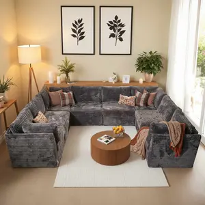 Oversized U-Shaped Sleeper Sectional Sofa Living Room Couch Bed, Modern U-Shaped Convertible Sofabed Plush Corduroy Upholstered Sofa&Couch and Pillows