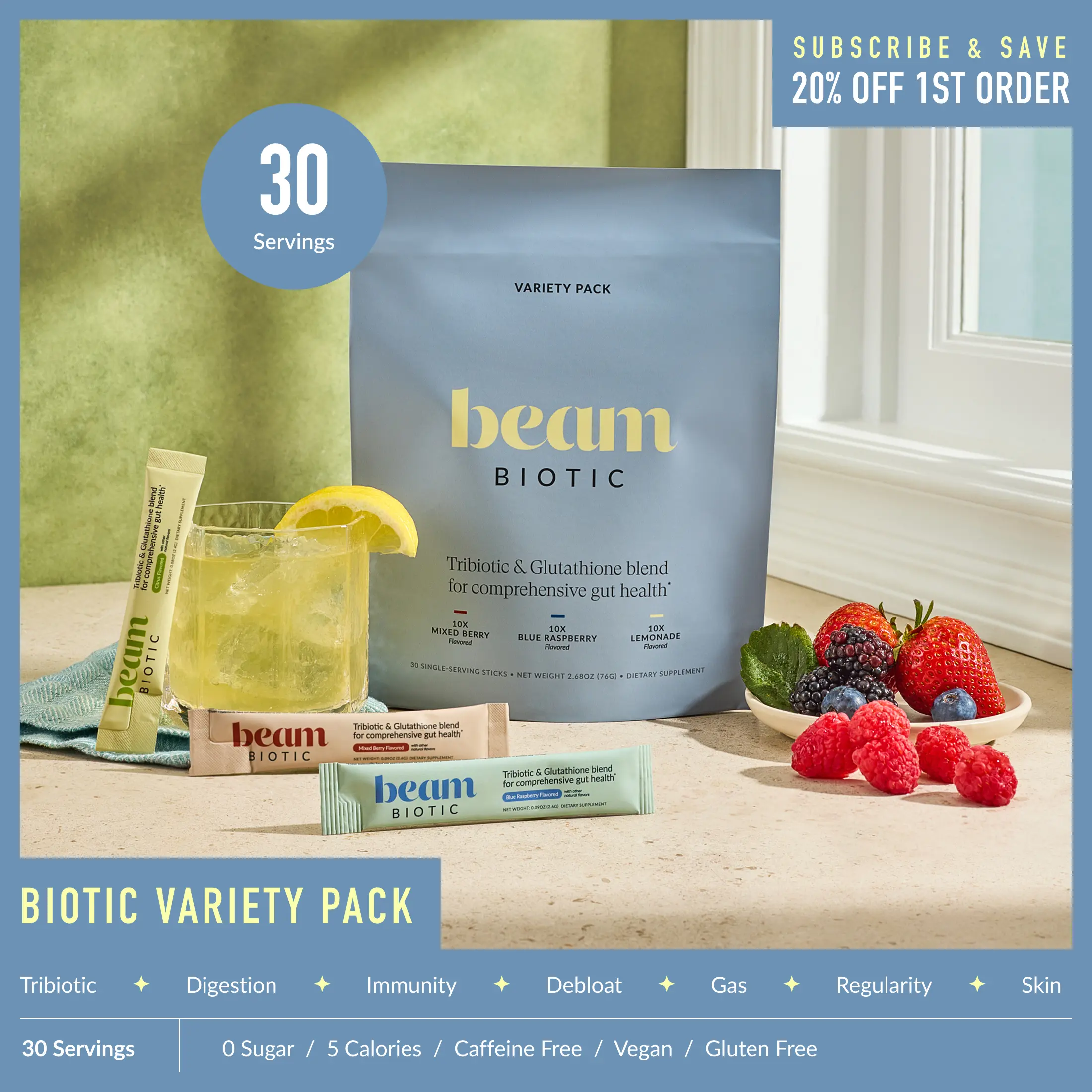 Beam Biotic Dietary Blend Variety Pack - 30 Caffeine-Free Tri-Biotics Single-Serve Sticks, Gut Support, Gut Balance, Bloating Relief (Blue Raspberry, Mixed Berry, Citrus Lemonade) | Back to school