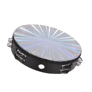 8 Inch Wooden Radiant Tambourine Handbell Hand Drum with Double Row Jingles Reflective Drum Head Musical Percussion Instrument Light Drums Cymbal