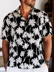 Men's Black Short Sleeve Fitted Shirt with White Palm Tree Geometric Print, Tropical Aloha Style, Breathable Casual Wear for Beach Vacation and Summer Parties, Top