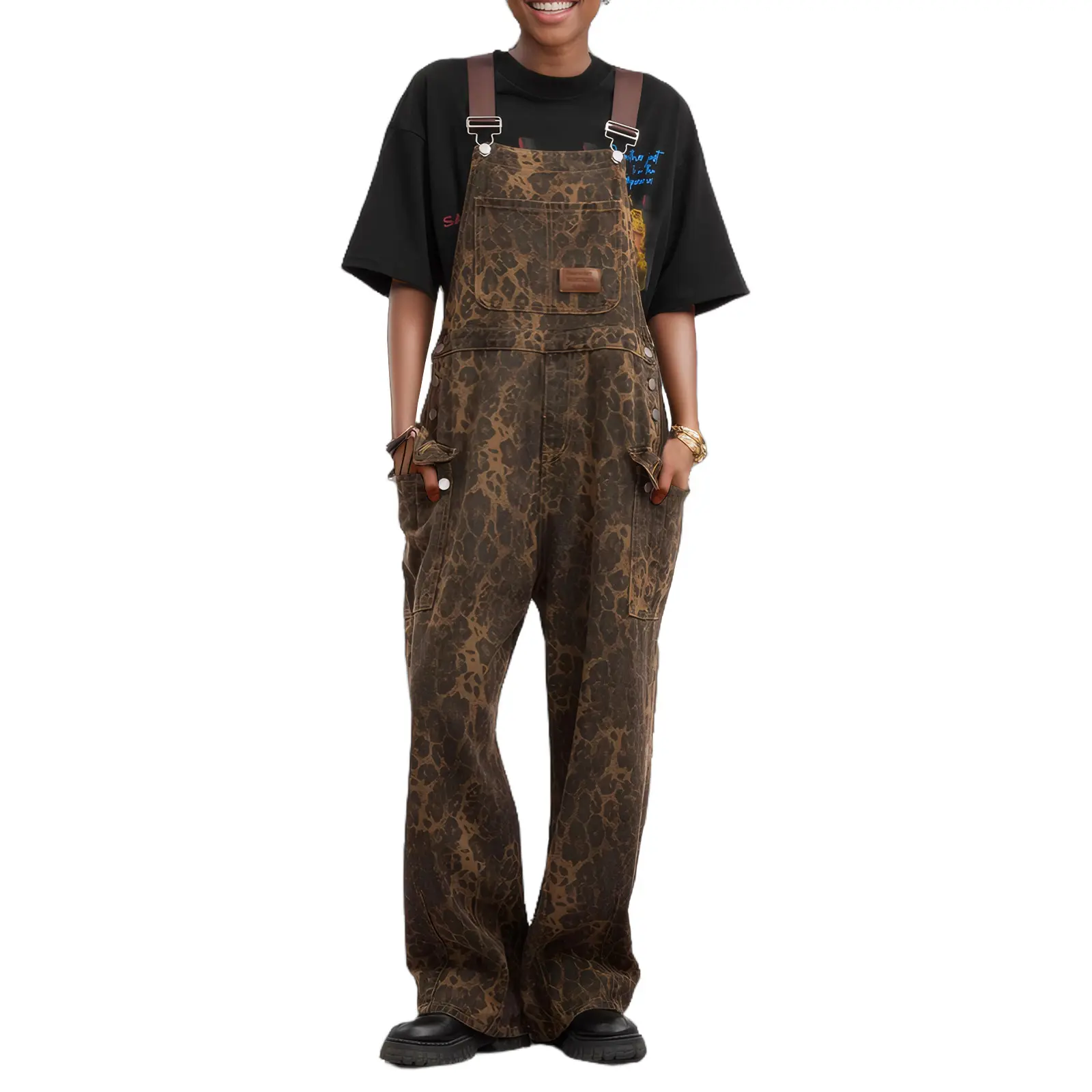 Women's Leopard Print Denim Overalls - Y2K Retro Adjustable Straps Wide Leg Jumpsuit, Stretch Comfort Fit Dungarees for Streetwear & Bold Statement Outfits