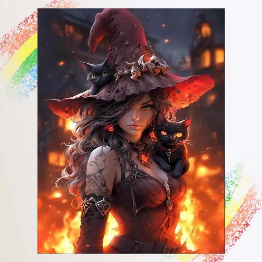 1pcs 5D DIY diamond painting set, 5D diamond art set, DIY decoration, witch, black cat, flame. Diamond painting set full round drill DIY, mosaic, diamond art, DIY home decoration, suitable for Halloween and Christmas.