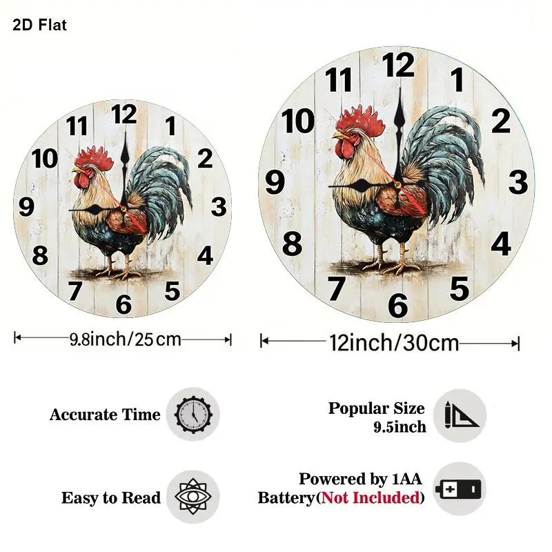 1pc Vintage Rooster Wall Clock - Silent Non-Ticking Battery-Powered (AA Required) 12-Inch Farmhouse Nursery Room Decor with Wood Frame - Retro Rooster for Kitchen, Classroom, Office - Perfect Gift Suitable for Nursery, Home, School, Apartment