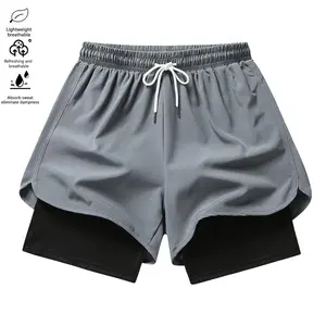 Women’s athletic shorts — casual gym shorts for running, faux two-piece design to prevent exposure; polyester–spandex knit compression base layer pants with quick-dry breathability and an elastic drawstring waist, Mid Waist, Polyester Blend