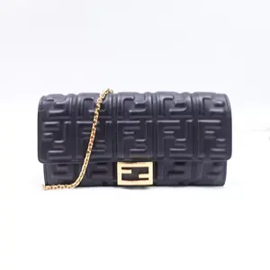 Pre-owned FENDI Lambskin Clutches & Wristlets Black Baguette Wallet On Chain