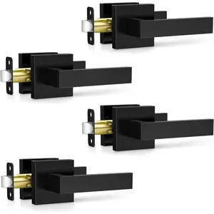 4 Pack Black Door Handles Interior, Passage Door Levers for Hallway & Closet, Interior Closet Door Knobs Heavy Duty Square Non-Locking Handlesets, Reversible for Left & Right Sided Doors