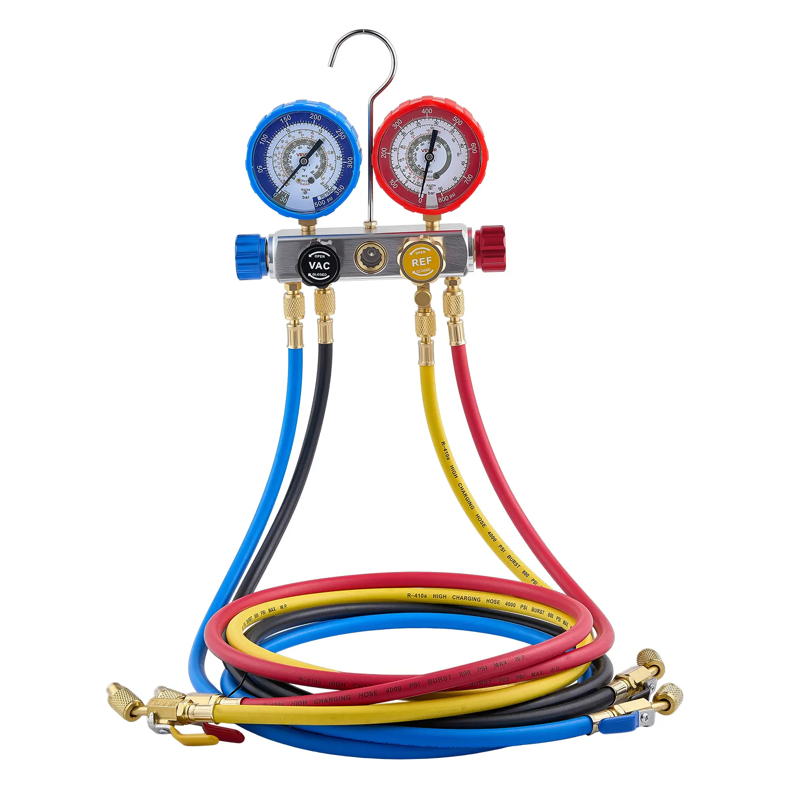 VEVOR 4-Way Dual-Scale AC Manifold Gauge Set, 5 ft Gasketed Hoses (4 Color-Coded), Brass Fittings, 800-4000 psi, ±1% Accurate, Dual Scales Simplify Quick Readings, for R22 R404A R410A R12 Refrigerants, Residential AC Maintenance, Refrigerant Test