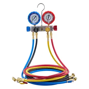 【summerfinds】VEVOR 4-Way Dual-Scale AC Manifold Gauge Set with 5 ft 4 Color-Coded Gasketed Hoses, Brass Fitting for R22 R404A R410A R12 Refrigerants, Residential Automotive AC Maintenance, Refrigerant Test Vacuum/Charge