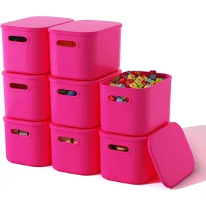 8 Pack Pink Storage Bins with Lids Stackable Storage Container for Organizing, Storage Boxes with Handle for Shelves, Cute Storage Bin for Craft, Snacks, 9.85x6.9x5.7 inch