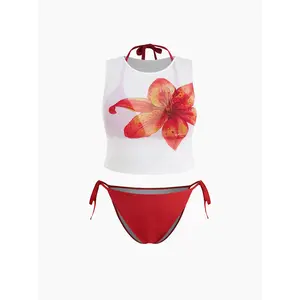 Cider Knotted Triangle Tie Side Bikini Set & Flower Cover Up Top Curve & Plus SwimWeek
