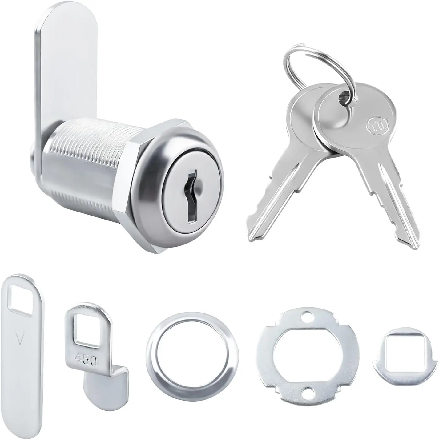 for Prime-Line U 9945 Drawer and Cabinet Diecast Lock with 3 Cams & Trim Collar & 2 Washers & 2 Keys & Fasteners, 1 1/8” Length for 13/16” Max Panel Thickness, Stainless Steel - 1 Set