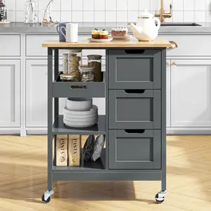 DWVO Small Solid Wood Top Kitchen Island Cart on Wheels with Storage, Rolling Portable Dining Room Serving Utility Carts Mobile Movable with 3 Drawers Cabinet