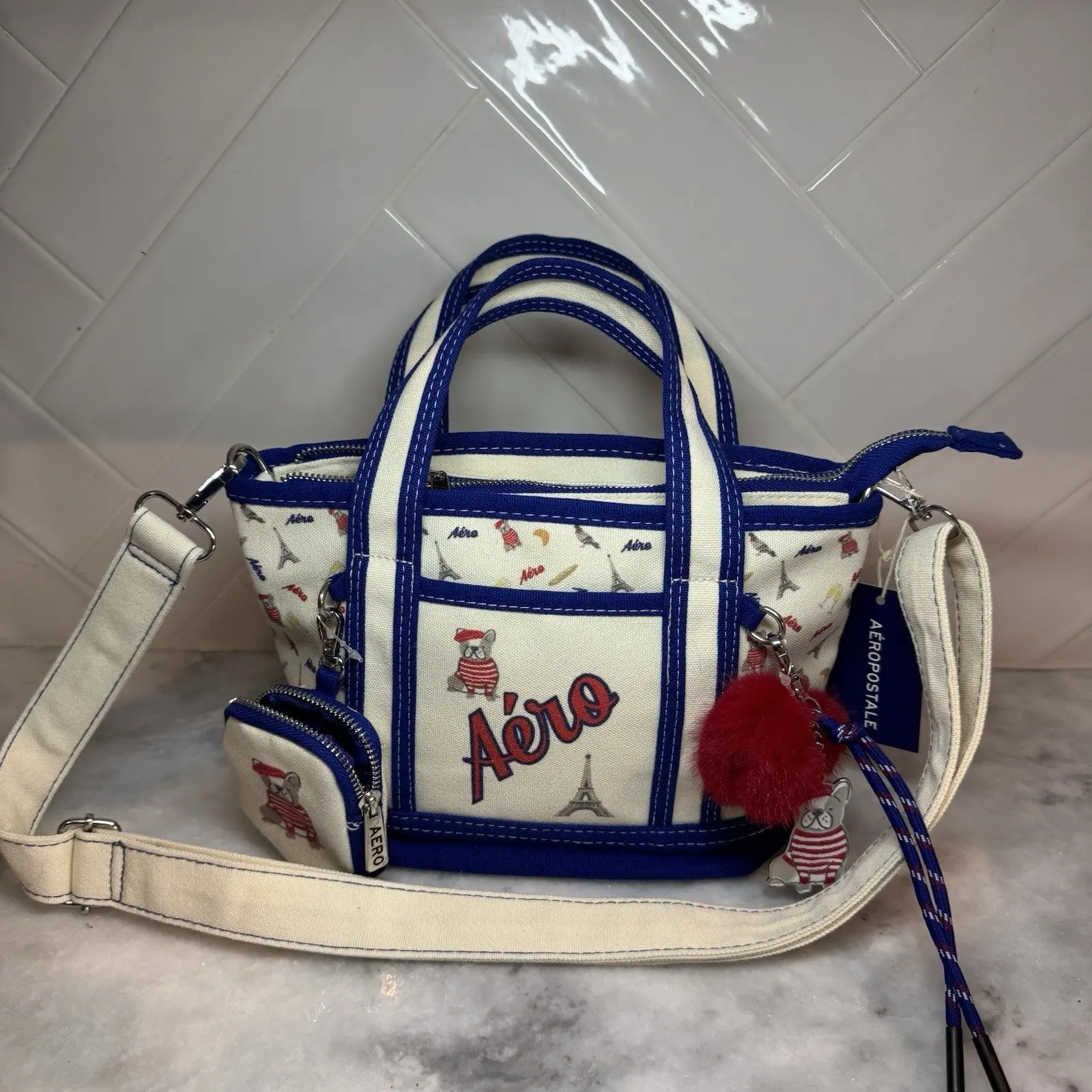 Aero Aeropostale French Bulldog Mini Tote bag crossbody purse canvas charms