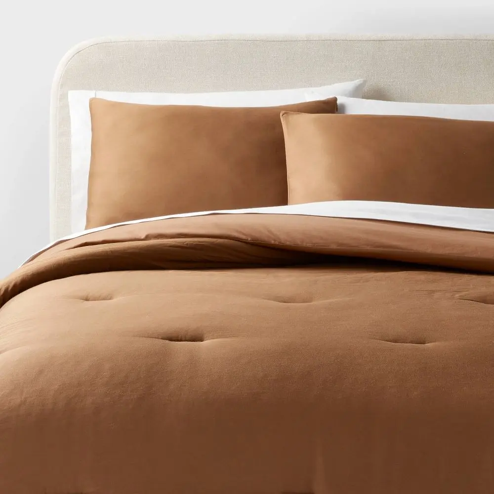 Threshold OEKO-TEX Certified 250 Thread Count Full/Queen Washed Cotton Sateen Queen Comforter and Sham Set, Light Brown, Zipper Closure, Queen Comforter Set