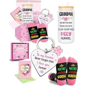 HAPPYPOP Grandma Gift Set - Nana Socks, Glass Tumbler, Bracelet, Keychain & Card - Birthday, Mother’s Day Gifts for Grandmother from Grandkids