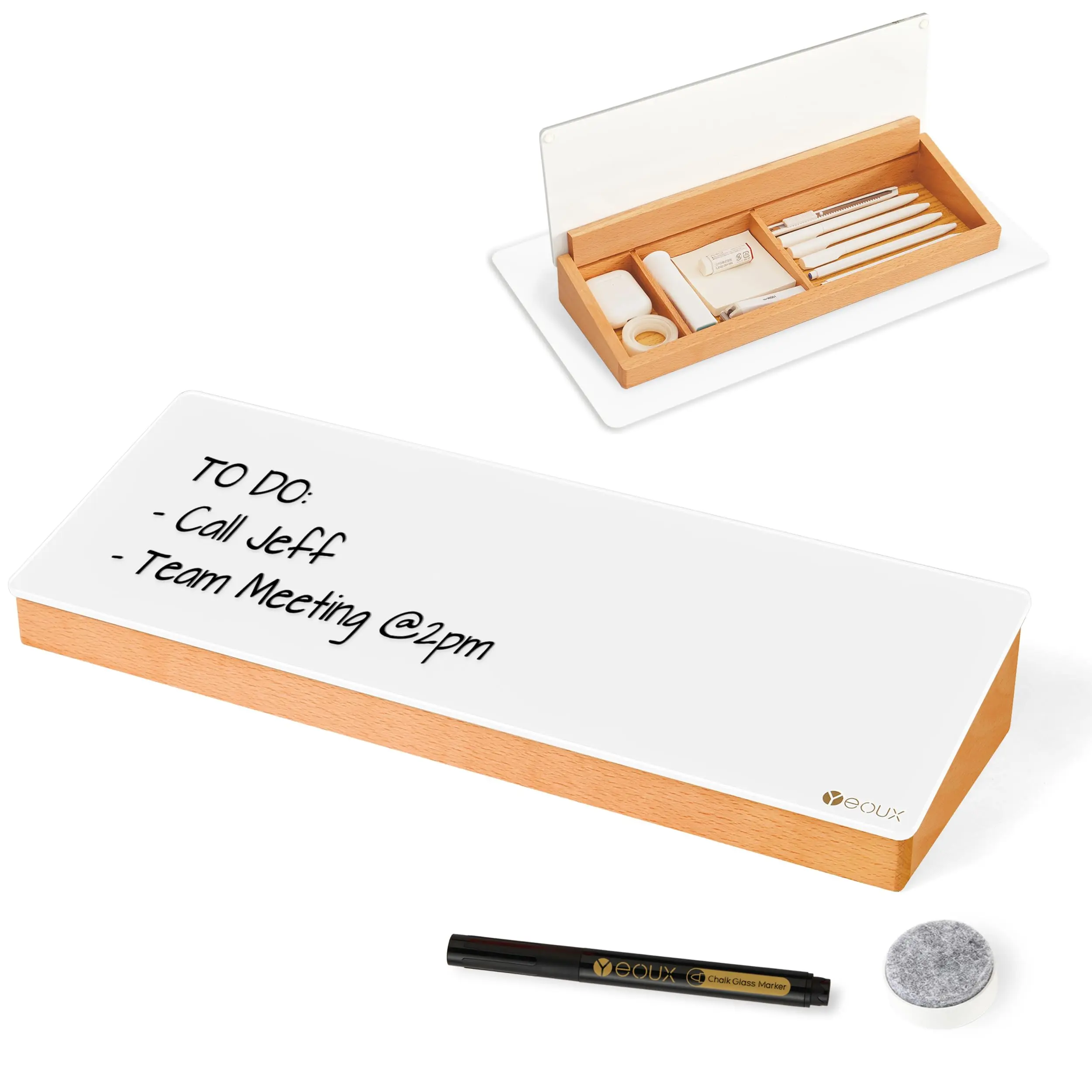 Glass Desktop Whiteboard with Wood Organizer for Small Office Accessories, Desk Board Buddy, Aesthetic Desk Dry Erase White Board with Drawer for Home Office Cubicle, Marker & Eraser Included