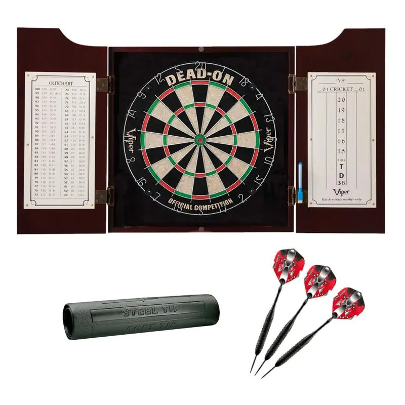 Viper 40-0220 Hudson Mahogany Classic Style Wood Dartboard Cabinet Set - Solid Pine Wood, 17.75" Diameter Self-Healing Fiber Bristle Board, 22g Dead-On Black Mariah Brass Steel Tip Darts, Vinyl Mat, Triangle for Adults Unisex Game Room Tournaments