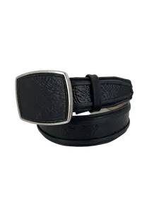 2 Thick Double Lines Ovaled Square Buckle Leather Western Belt