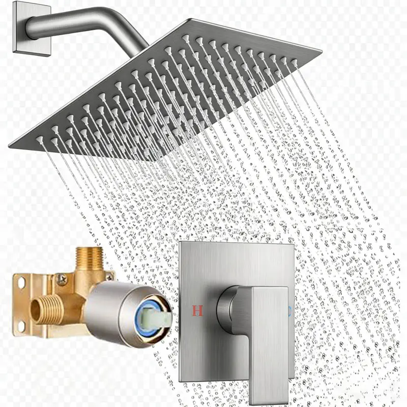 Wall Mount Brass Shower Faucet Kit Pack with 1-Way Mixer Valve,8 Inch High-Pressure Rainfall Brushed Nickel Stainless Steel Single Handle Indoor Bath Trim Set, Anti-Rust 1-Function Fixtures with Shower Head Filter, Brushed Nickel, 8 Inch Head