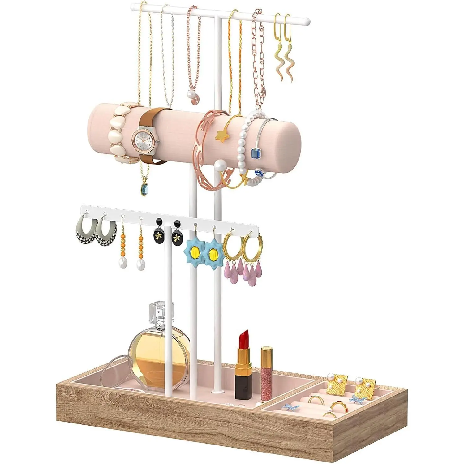 Jewellery Stand Organiser, Jewellery Display Stand Holder with Metal Frame, Earring Organiser Necklace Holder, Gift Idea, White tiktokshopbacktoschool