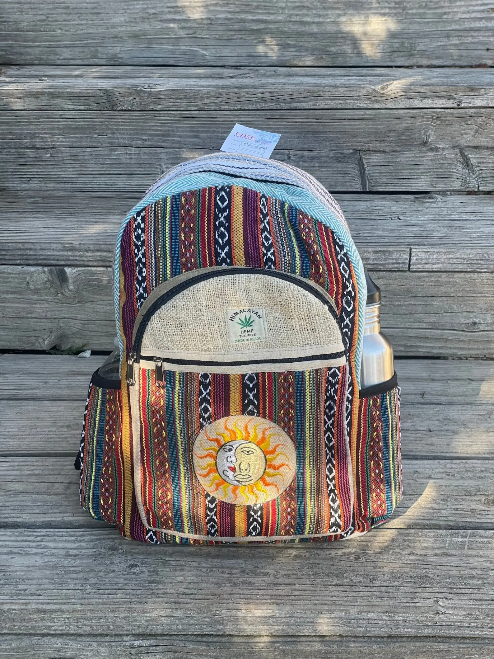 Hippie Backpack - Sun Moon Embroidery LARGE Himalayan Hemp, Boho Style, Cute Design, Ideal for Hiking, Valentine Gift