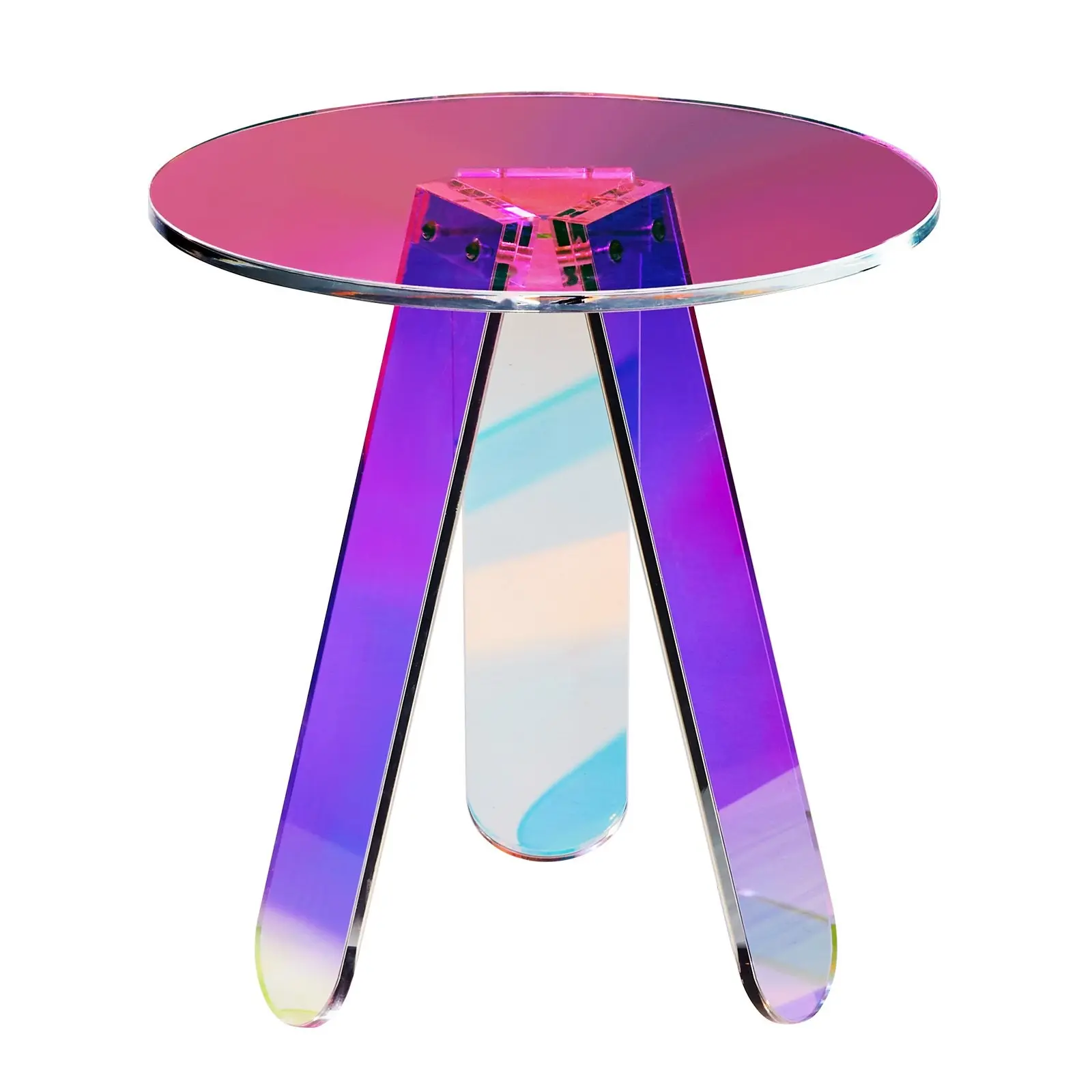 Round Iridescent Acrylic Side Table, Transparent Rainbow End Table And Accent Coffee Table For Living Room, Bedroom, And Study; Clear Glass-Like Surface For Drinks, Snacks, Laptop, Books, And Decorative Accessories