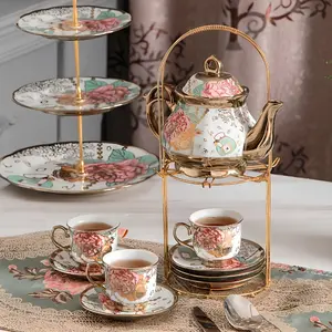 [Exquisite And Compact Tea Set] 20pcs Porcelain Floral Espresso Tea Set with Metal Holder And Teapot, European Ceramic Turkish Coffee Cup And Saucers, Luxury Arabic Ceramic Tea Cups for Espresso, Cappuccino, Latte, Mocha