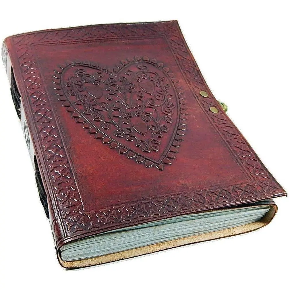 Large Heart Embossed Leather Cover Writing/Journal Notebook - Coptic Bound, Lock Closure, Scrapbook Photo Album, Commonplace Book, Logbook with Blank Recycled Paper, Handmade for Artists, Blank Pages