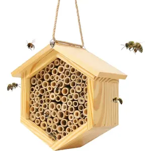Handmade Wooden Hexagon Native Mason Bee Hive Box Habitat Hotel with Tubes Attracts Peaceful Bee Pollinators to Enhance Your Garden's Productivity