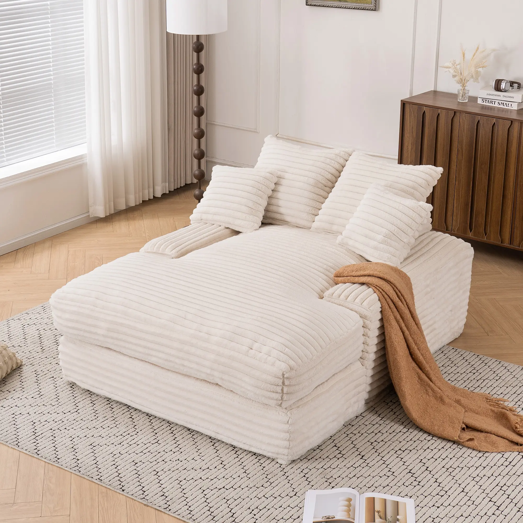 Beige 2-Seat Ribbed Corduroy Fabric Sofa Bed - Extendable Convertible Recliner Loveseat, Fixed Arms, Sturdy Foam Cushion, Pre-Assembled, Compact Space-Saving Comfy Couch, Affordable Modern Indoor Furniture for Small Apartments