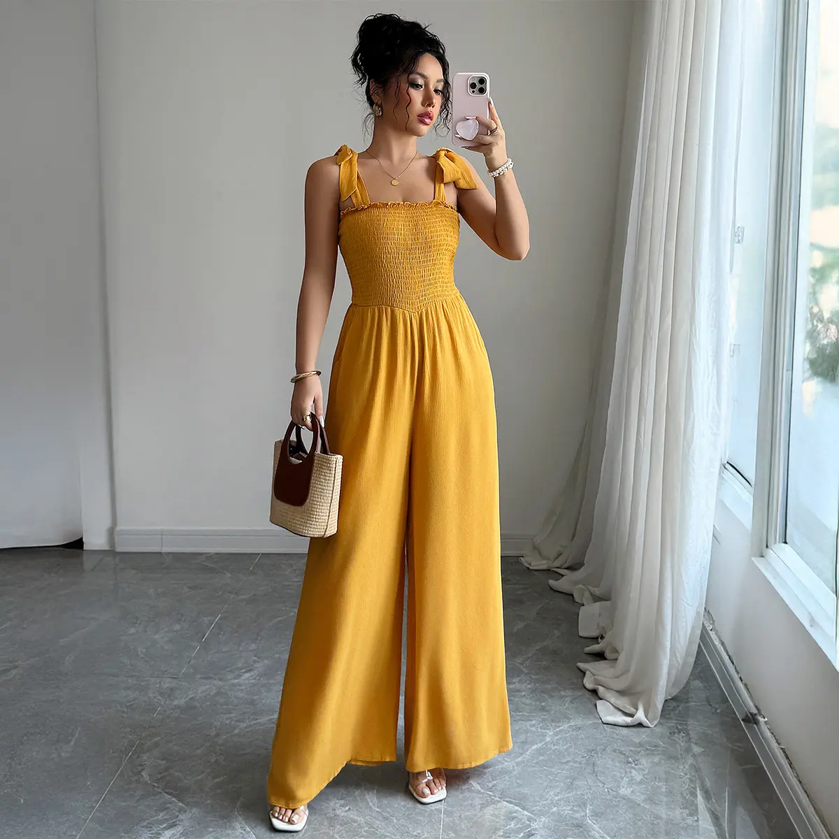 Women's Casual Polyester Solid Color Overalls - Spaghetti Straps, Shirred Bodice, Sleeveless, High-Waist Wide-Leg, Normal Type, Reinforced Stitch, All Seasons, Cold/Machine Washable for Holiday Camping Essentials, Fabric