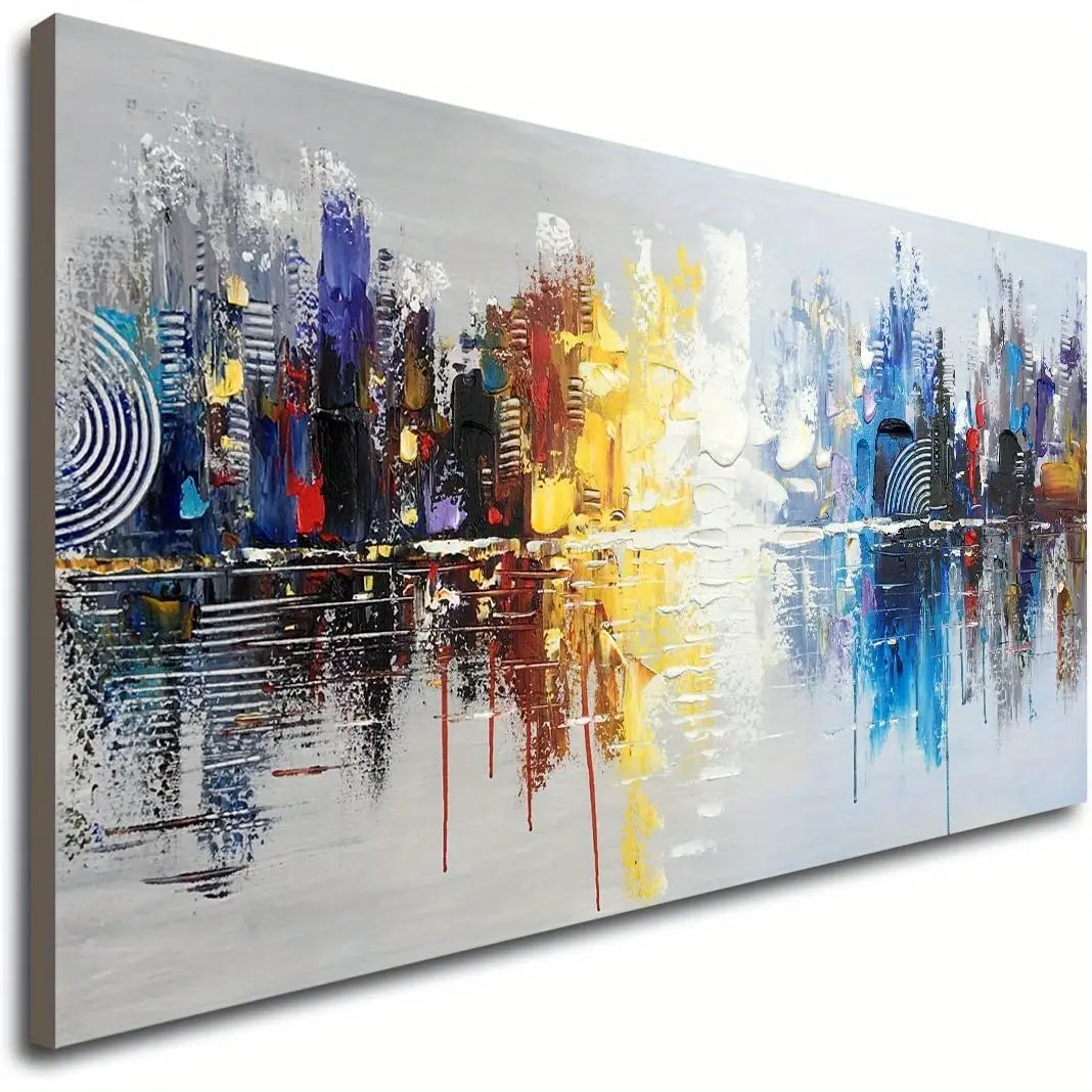 Artistic Large Wood Frame-Wrapped Canvas Print - High-Definition Abstract Reflection Cityscape Wall Art, Hand-Painted Modern Oil Painting, Ready-to-Hang Home Decoration Ornament