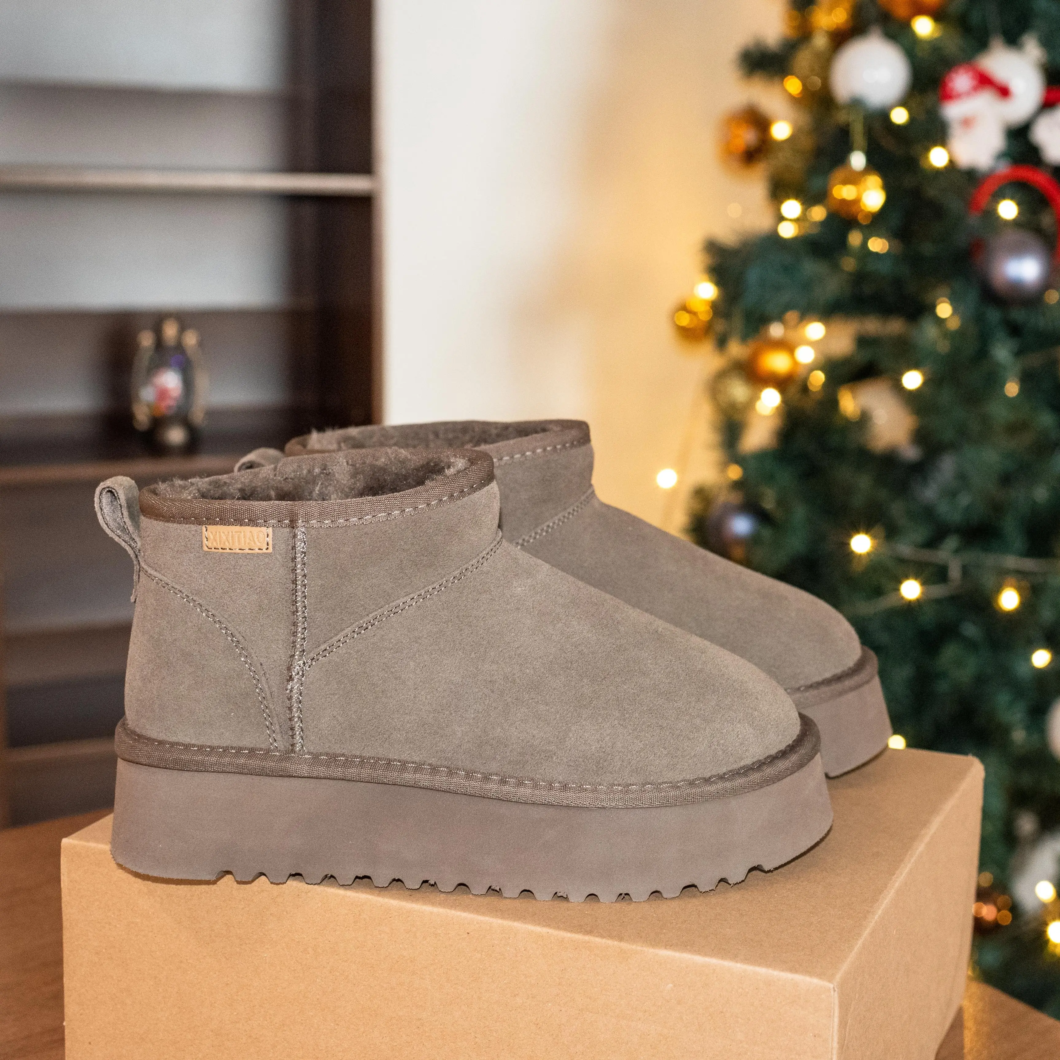 XIXITIAO Snow Boots for Women,Genuine Suede Faux Fur Lining,Comfort Winter Ankle Boots with Memory Foam,Classic Waterproof Platform Boots Short