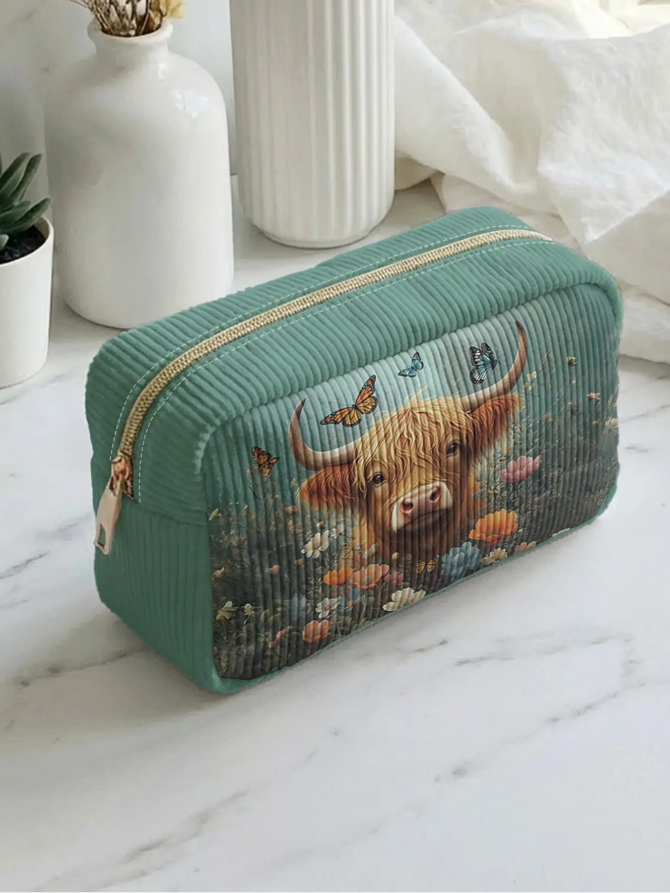1 piece of 2D printed makeup bag with flower and butterfly in the cow pattern, large capacity design | suitable for all seasons/general use | fits daily skincare and various cosmetics | perfect for life and travel Cosmetic Travel Bags Makeup Pouch