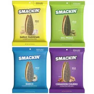 SMACKIN' Jumbo Roasted Sunflower Seeds 4 Pack - Garlic Parmesan, Dill Pickle, Ranch & Cinnamon Churro Flavors - 1lb Box of Low Sodium Handcrafted American Made Seeds