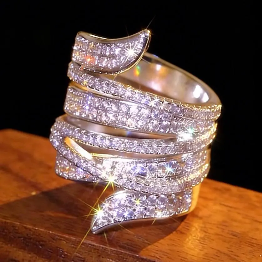 Sparkling Multi-Layer Spiral Ring Cocktail Party Ring for Her Chunky Statement Silverly Tone Hiphop Ring Full Cubic  Sparkling Jewelry Daily Party Wear Accessory Gift for Him Her Christmas New Year Valentine