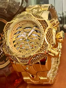 Luxury Men's Stainless Steel Punk Style, High End Watch, Large Round Dial, Quartz Movement, Golden Color Band, Mineral Glass, Perfect Gift Box Included, Quartz Wristwatches