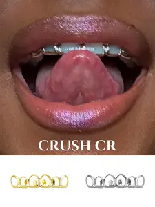 CRUSH CR 1pc 18K Gold Plated Open Face Cutout Grillz Set(Top Bottom) Gold/Silver Dual Options Hollow-Out Design For Hip Hop Concerts Halloween Vampire Costumes Club Nights Streetwear Flex Fits Unisex Dental Accessory, Tooth Gems, For Rappers
