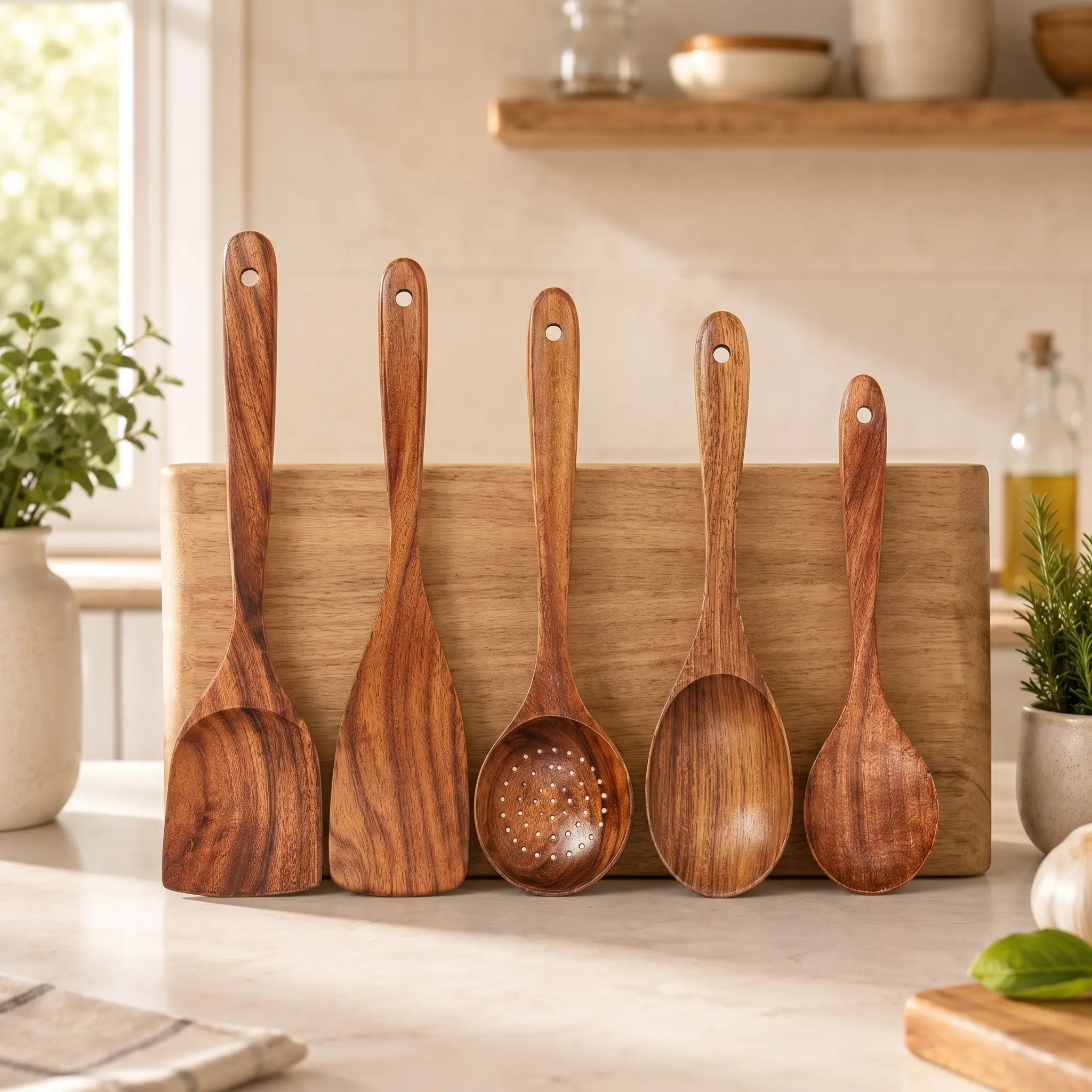 5-Piece Teak Wooden Spoons Kitchen Utensils Set - Smooth Finish, Soft Comfort-Grip Handles, Non-Stick Cooking Tools