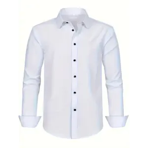 Breathable Plus Size Men's Lightweight Dress Shirt - Stretchy Button-Up Closure Business Casual  Tops Long Sleeve long sleeve solid button front wood muscle dress shirt offstage whitefox hoodie  Collar Menswear Spandex Fabric Beige Plain Collared  Knife