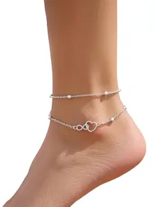 Boho Style Double Layer Anklet with Heart and Infinity Symbol, Silver Color Stainless Steel, Casual and Party Accessory