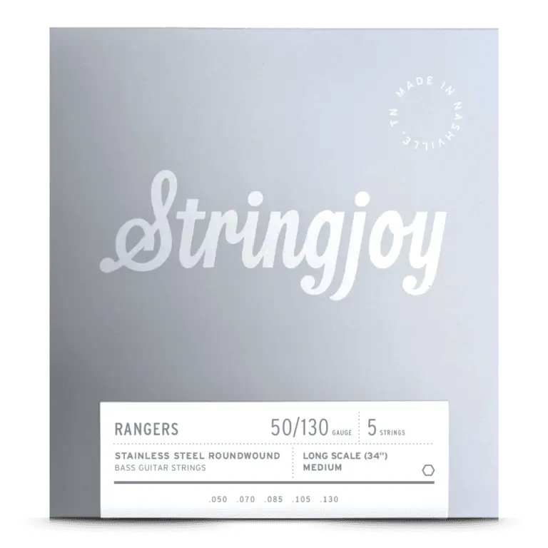 Stringjoy Roundwound Medium Stainless Steel 5-String Bass Guitar Strings, 50-130 Gauge, 3 oz Weight, Bright Tone, 3-Month Durability Guarantee