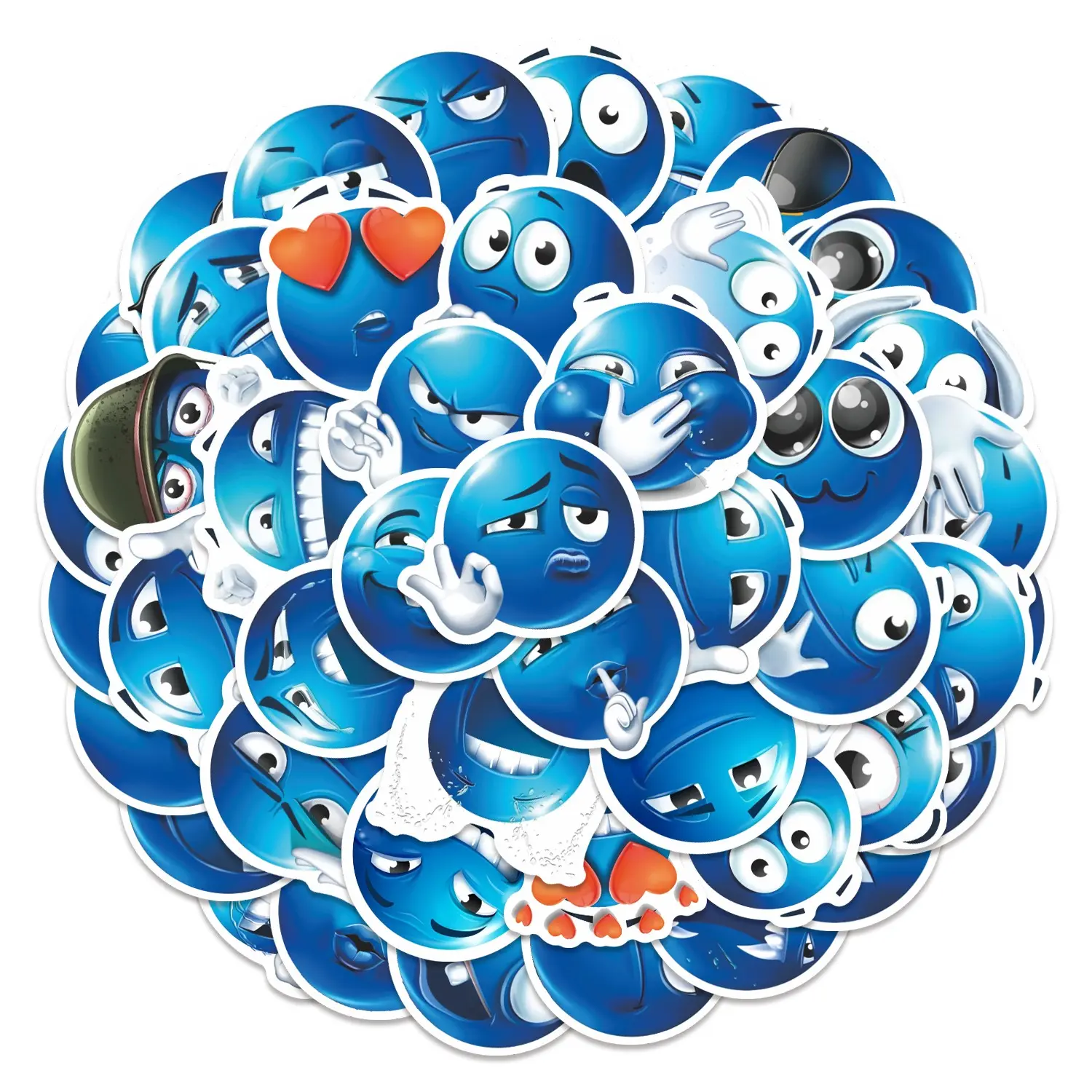 64pcs Blue Emoji Funny Stickers Pack, Waterproof Cartoon Mood Expression Decals for Laptop, Water Bottle, Journal & Scrapbook, Emoji Lover Gift, Self Adhesive Stickers, Sticker Packs