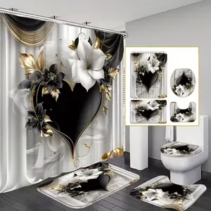 1/4pcs Heart and Floral Pattern Shower Curtain Set, Bathroom Supplies, festive design, includes non-slip mat, U-shaped rug, and toilet seat cover. Perfect for bathroom decor. Comes with 12 shower curtain hooks