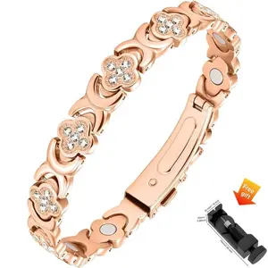 Women's Pure Copper Magnetic Zirconia Bangle, Luxurious Clover Alloy Rhinestone Single-Row Magnet Hand Jewelry, Adjustable Elegant Ring, Elegant Bangle for Women, Female-Focused Womens Gifts Birthday Gift
